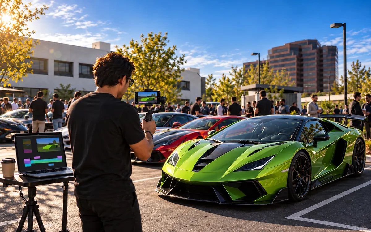 A creator filming a green supercar on a gimbal, edit timeline open on a laptop